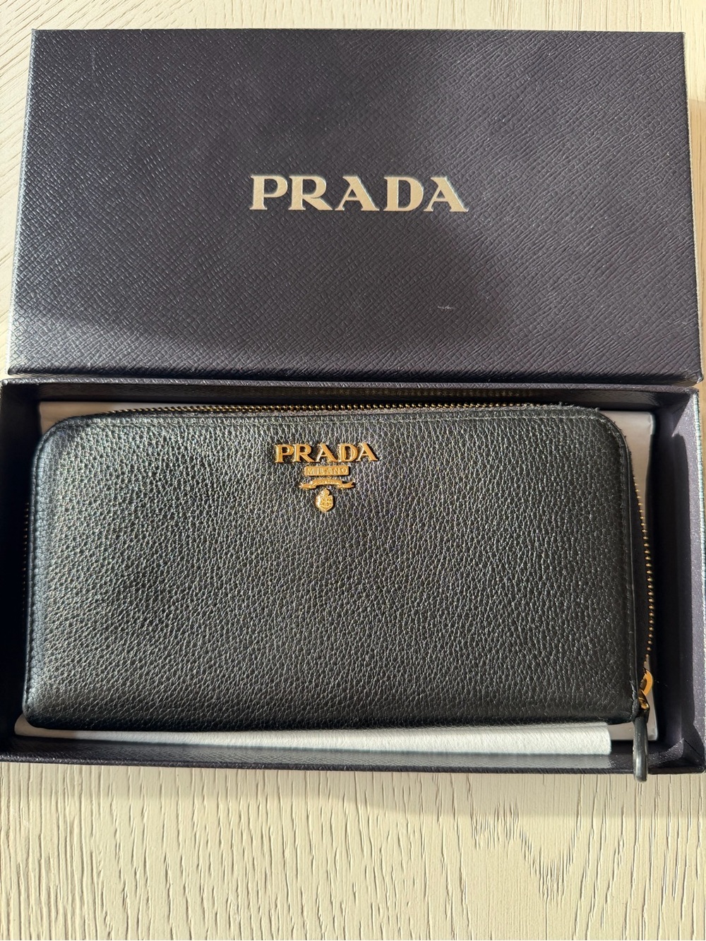 Prada Black lamb skin Leather Zip Wallet with Gold Logo